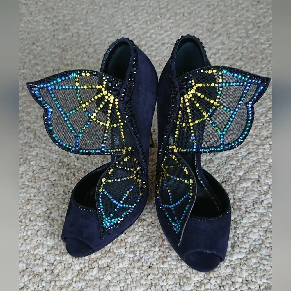 Sergio Rossi Poetic Surrealism night blue butterfly suede heels size 6.5
